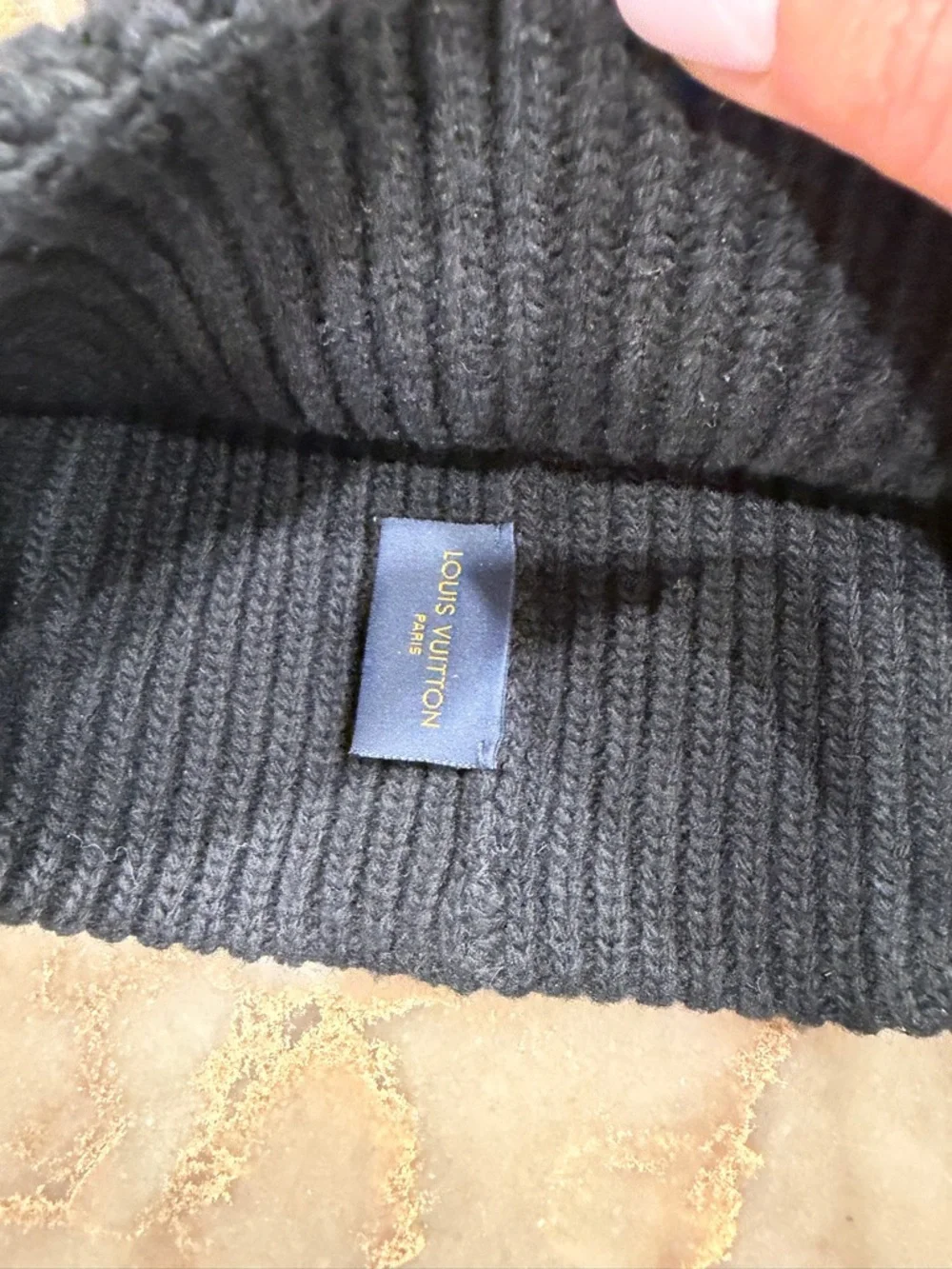 Louis Vuitton Black Ribbed Beanie with LV Canvas Patch - Picture 3 of 5